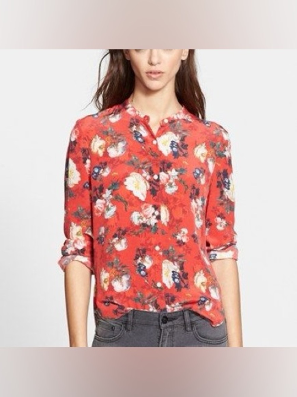 The Kooples Red Floral Mandarin Collar Silk Long Sleeve Blouse